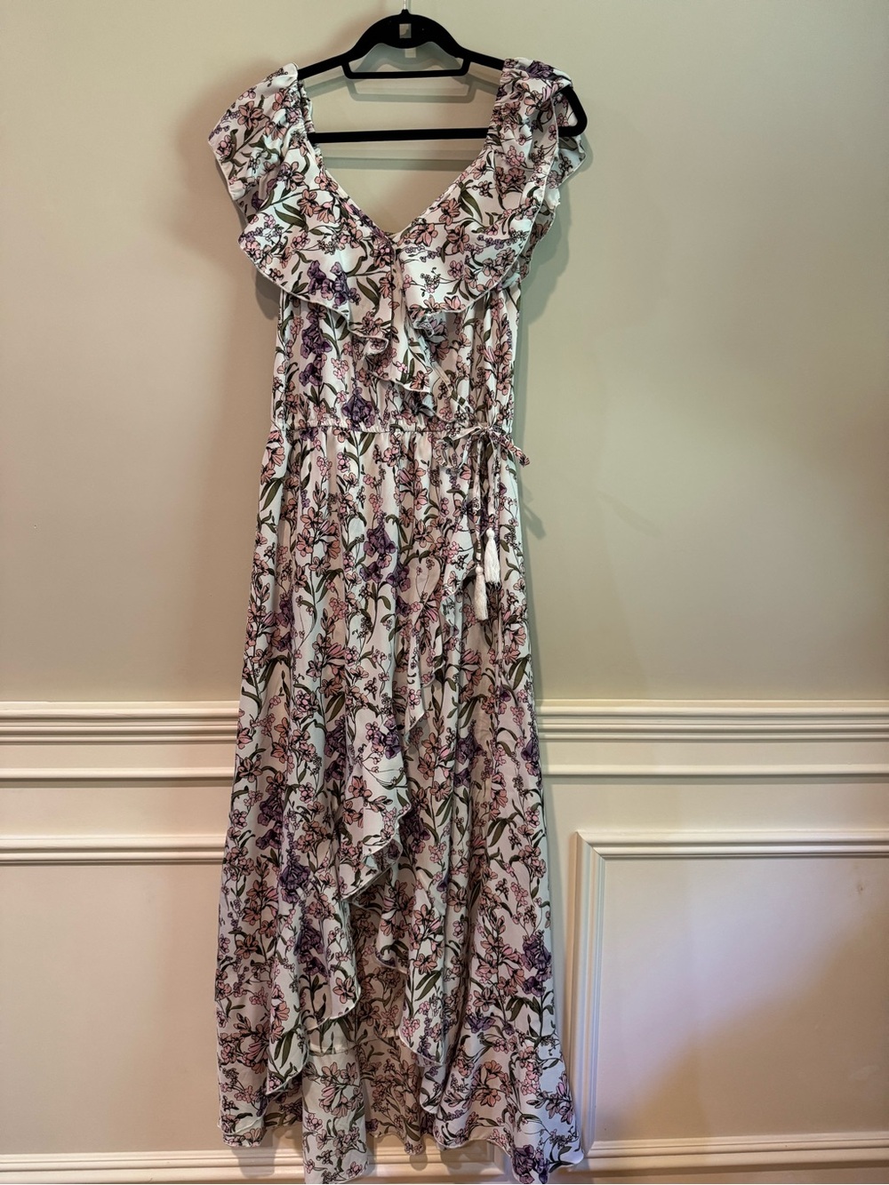 indulge White Maxi Dress with Pink & Purple Floral Ruffle